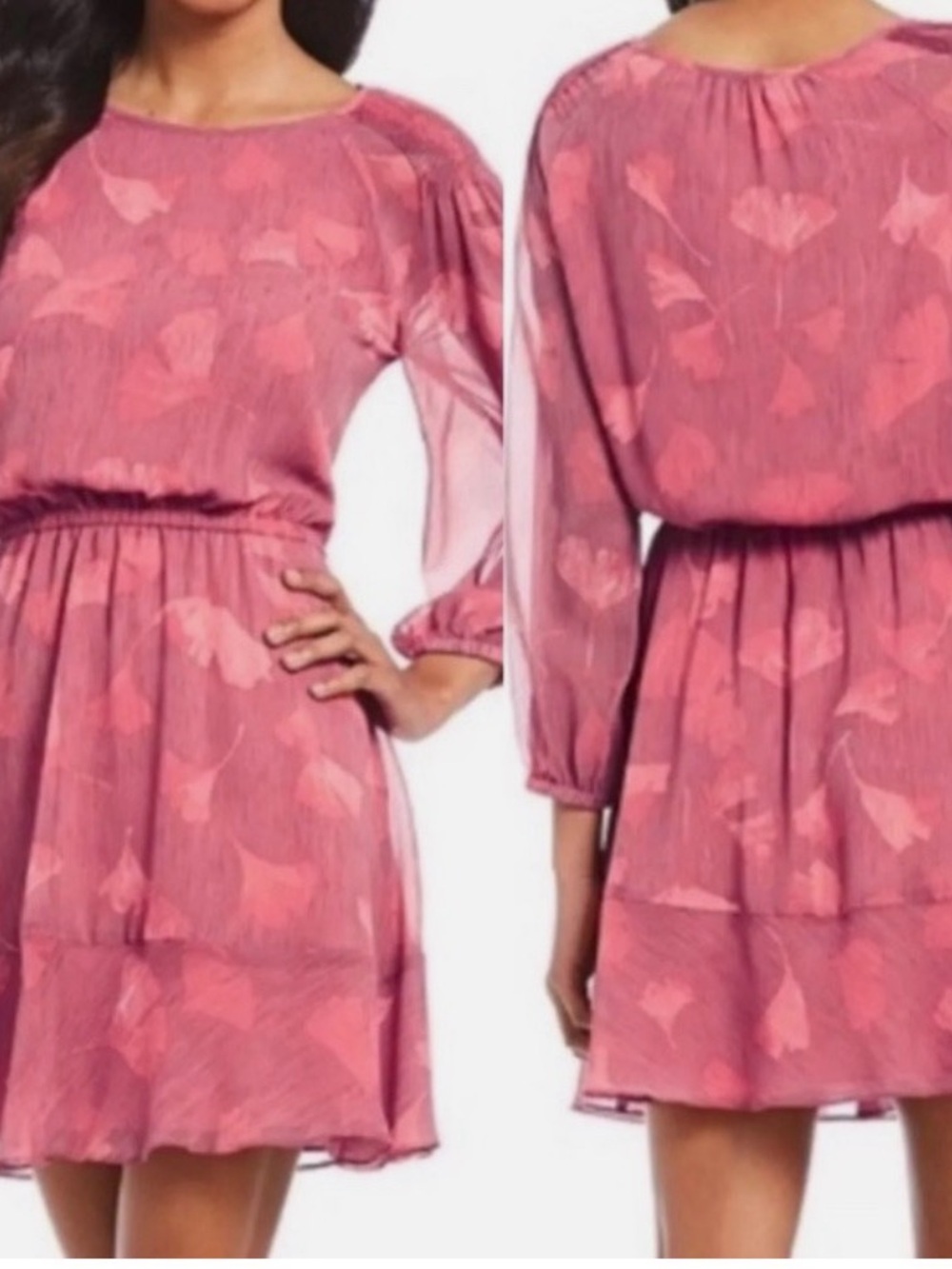 Halston Floral Chiffon Pink Long-Sleeve Dress with a Gingko Leaf